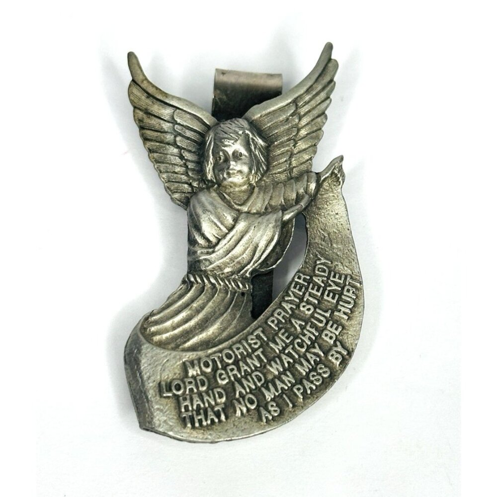 MJ Signed Angel Motorist Prayer Pewter Car Visor Clip On Decor Guardian 3”